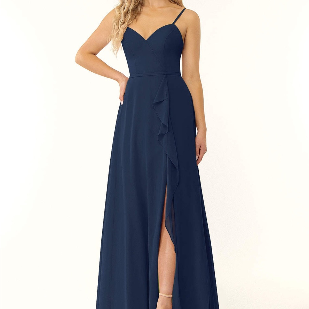 Azazie Naeem NWT A-Line Ruched Chiffon Floor-Length Dress Dark Navy